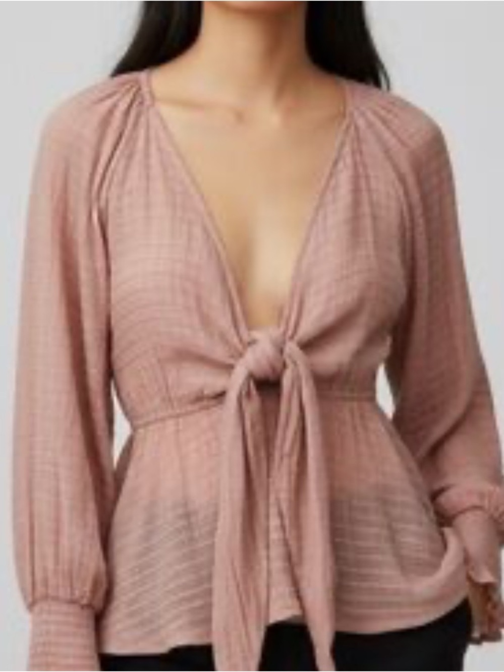 Flawless Tie-Front Rose Sheer Plunging Coquette Peasant Blouse. Size Medium.